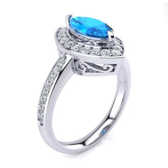 1 Carat Marquise Blue Topaz and Diamond Ring In 14 Karat White Gold