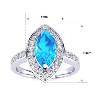 1 Carat Marquise Blue Topaz and Diamond Ring In 14 Karat White Gold