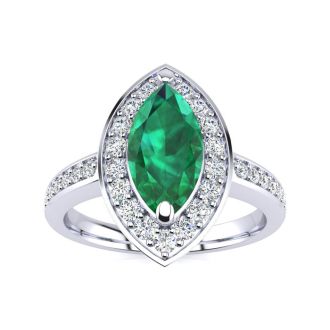 1 Carat Marquise Emerald and Diamond Ring In 14 Karat White Gold