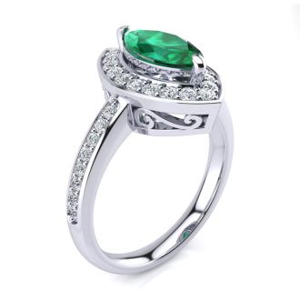 1 Carat Marquise Emerald and Diamond Ring In 14 Karat White Gold