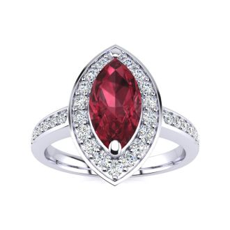 Garnet Ring: Garnet Jewelry: 1 Carat Marquise Garnet and Diamond Ring In 14 Karat White Gold
