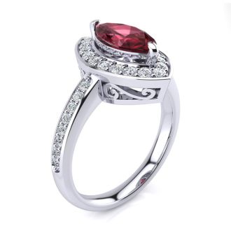 Garnet Ring: Garnet Jewelry: 1 Carat Marquise Garnet and Diamond Ring In 14 Karat White Gold