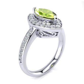 1 Carat Marquise Peridot and Diamond Ring In 14 Karat White Gold
