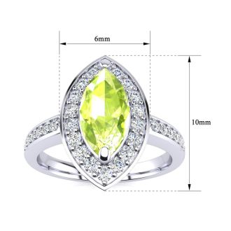 1 Carat Marquise Peridot and Diamond Ring In 14 Karat White Gold