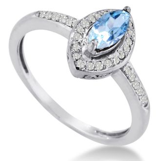 Aquamarine Ring: Aquamarine Jewelry: 3/4ct Marquise Aquamarine and Diamond Ring Crafted In Solid 14K White Gold