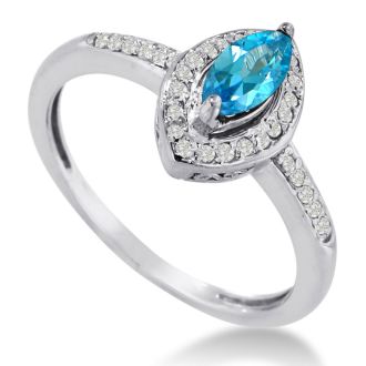 3/4ct Marquise Blue Topaz and Diamond Ring Crafted In Solid 14K White Gold