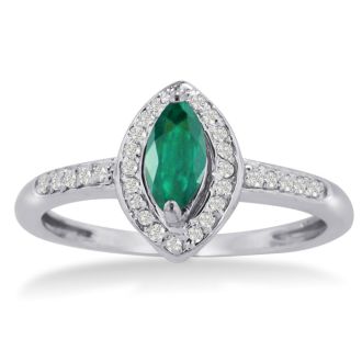 3/4ct Marquise Emerald and Diamond Ring Crafted In Solid 14K White Gold