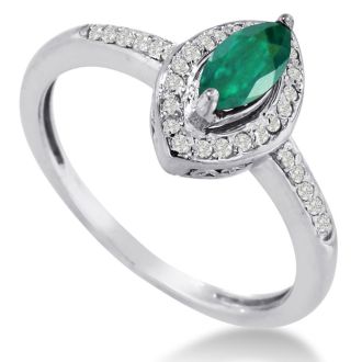 3/4ct Marquise Emerald and Diamond Ring Crafted In Solid 14K White Gold