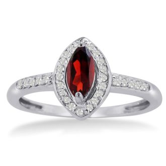 Garnet Ring: Garnet Jewelry: 3/4ct Marquise Garnet and Diamond Ring Crafted In Solid 14K White Gold