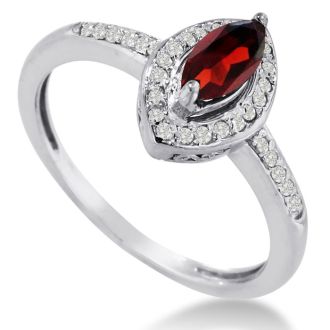 Garnet Ring: Garnet Jewelry: 3/4ct Marquise Garnet and Diamond Ring Crafted In Solid 14K White Gold