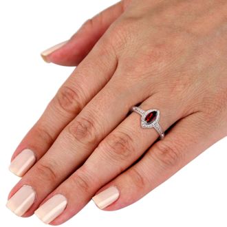Garnet Ring: Garnet Jewelry: 3/4ct Marquise Garnet and Diamond Ring Crafted In Solid 14K White Gold