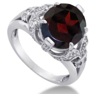 Garnet Ring: Garnet Jewelry: 6ct Oval Garnet and Diamond Ring Crafted In Solid 14K White Gold