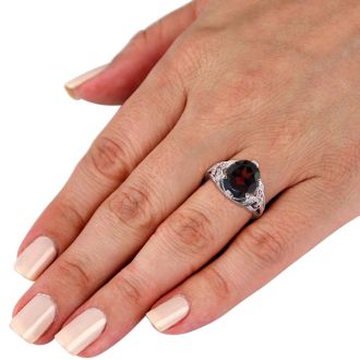 Garnet Ring: Garnet Jewelry: 6ct Oval Garnet and Diamond Ring Crafted In Solid 14K White Gold