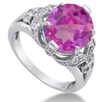 Pink Gemstones 6 Carat Oval Shape Pink Toppaz and Diamond Ring In 14K White Gold
