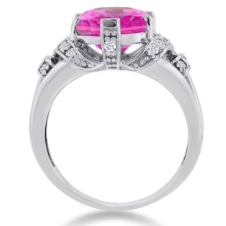 Pink Gemstones 6 Carat Oval Shape Pink Toppaz and Diamond Ring In 14K White Gold