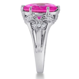 Pink Gemstones 6 Carat Oval Shape Pink Toppaz and Diamond Ring In 14K White Gold