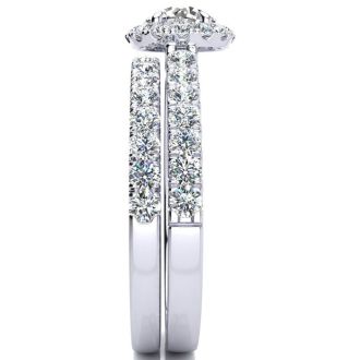 1 Carat Floating Pave Halo Diamond Bridal Set in 14k White Gold