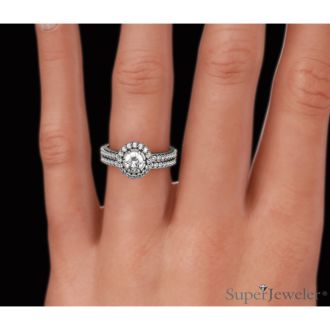 1 Carat Floating Pave Halo Diamond Bridal Set in 14k White Gold