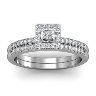 1/2 Carat Princess Cut Pave Halo Diamond Bridal Set in 14k White Gold
