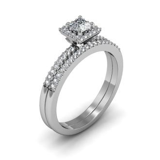 1/2 Carat Princess Cut Pave Halo Diamond Bridal Set in 14k White Gold
