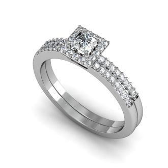 1/2 Carat Princess Cut Pave Halo Diamond Bridal Set in 14k White Gold
