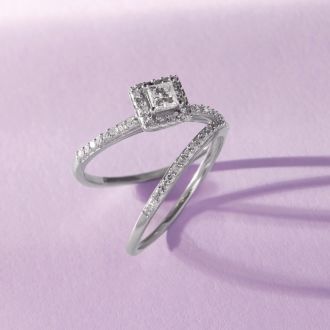 1/2 Carat Princess Cut Pave Halo Diamond Bridal Set in 14k White Gold
