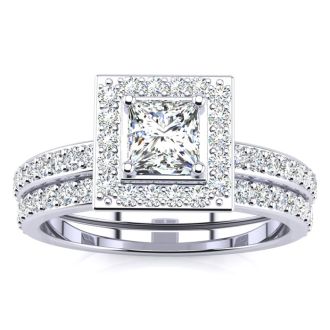 1 Carat Princess Cut Pave Halo Diamond Bridal Set in 14k White Gold
