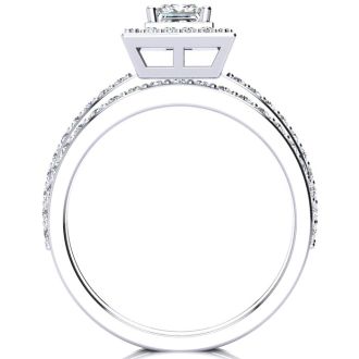 1 Carat Princess Cut Pave Halo Diamond Bridal Set in 14k White Gold
