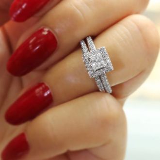 1 Carat Princess Cut Pave Halo Diamond Bridal Set in 14k White Gold
