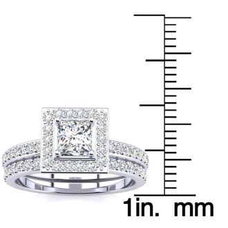1 Carat Princess Cut Pave Halo Diamond Bridal Set in 14k White Gold
