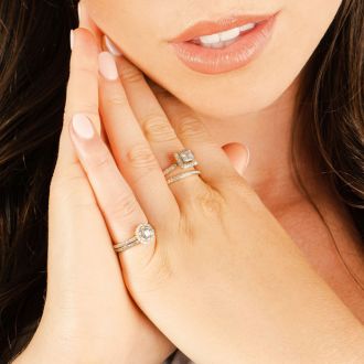 1 Carat Princess Cut Pave Halo Diamond Bridal Set in 14k White Gold
