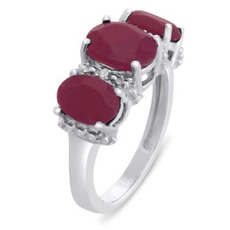 3 1/2ct Three Stone Oval Shape Ruby and Diamond Ring Crafted In Solid Sterling Silver