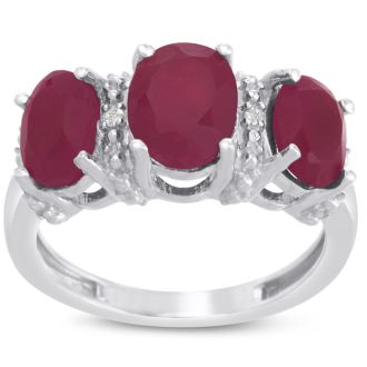 3 1/2ct Three Stone Oval Shape Ruby and Diamond Ring Crafted In Solid Sterling Silver