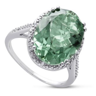 Estate Jewelry 8ct Oval Shape Green Amethyst and Diamond Ring Crafted In Solid Sterling Silver, Size 4.5