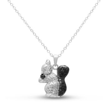 Black and White Diamond Squirrel and Nut Necklace Crafted In Solid Sterling Silver, 18 Inches