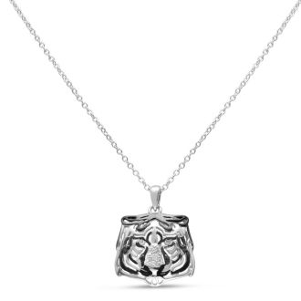 Black and White Diamond Tiger Necklace Crafted In Solid Sterling Silver, 18 Inches