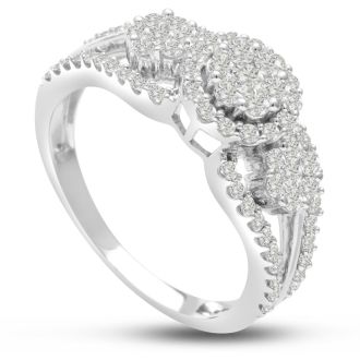 1ct Pave Three Stone Style Diamond Engagement Ring Crafted In Solid White Gold