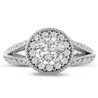 1 3/4 Carat Split Shank Halo Diamond Engagement Ring in 14 Karat White Gold