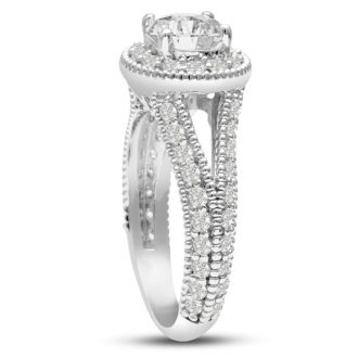 1 3/4 Carat Split Shank Halo Diamond Engagement Ring in 14 Karat White Gold