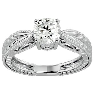 Round Engagement Rings, 1 Carat Diamond Solitaire Engagement Ring with Tapered Etched Band Crafted In 14 Karat White Gold