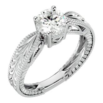 Round Engagement Rings, 1 Carat Diamond Solitaire Engagement Ring with Tapered Etched Band Crafted In 14 Karat White Gold