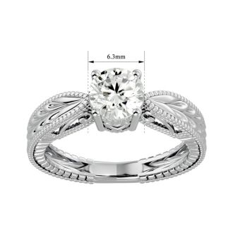 Round Engagement Rings, 1 Carat Diamond Solitaire Engagement Ring with Tapered Etched Band Crafted In 14 Karat White Gold