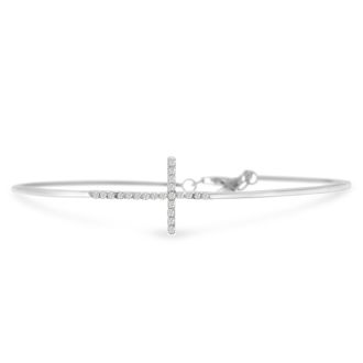 Cubic Zirconia Sideways Cross Bangle Bracelet Crafted In Solid Sterling Silver