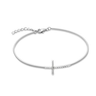 Cubic Zirconia Sideways Cross Bangle Bracelet Crafted In Solid Sterling Silver