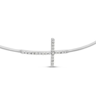 Cubic Zirconia Sideways Cross Bangle Bracelet Crafted In Solid Sterling Silver