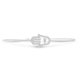 Cubic Zirconia Hamsa Bangle Bracelet Crafted In Solid Sterling Silver