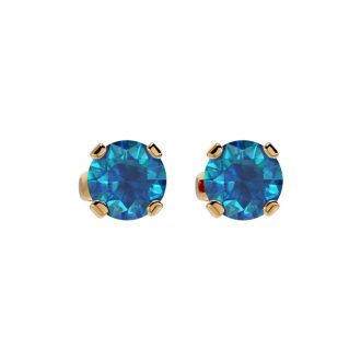Nearly 1 Carat Blue Diamond Stud Earrings In 14 Karat Yellow Gold. Amazing Blue Diamond Earrings At A Fantastic Low Price!