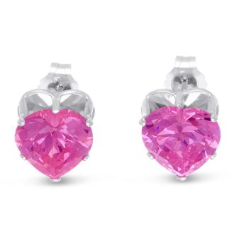 4ct Diamond Size Pink Cubic Zirconia Heart Stud Earrings, Sterling Silver