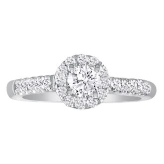 1 Carat Round Halo Diamond Engagement Ring in 14k White Gold, I-J, SI2-I1
