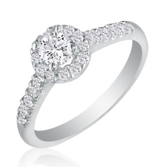 1 Carat Round Halo Diamond Engagement Ring in 14k White Gold, I-J, SI2-I1
